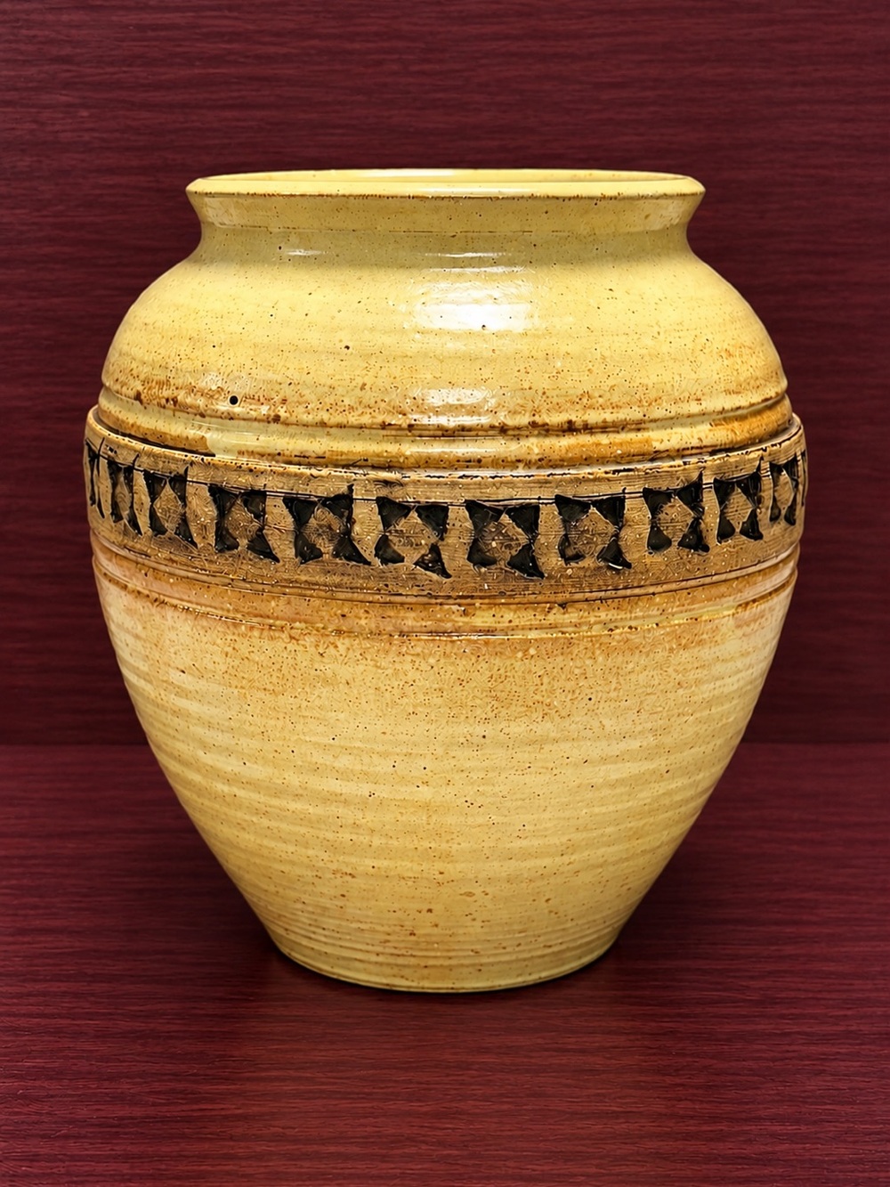 Vintage Signed Studio Art Pottery Vase Hand Thrown Carved Geometric Stoneware